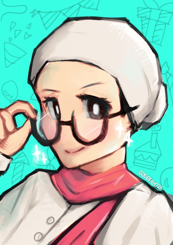 An older woman with a white head covering, round glasses and a pink scarf adjusts her glasses and smiles, on a turquoise background with party doodles.