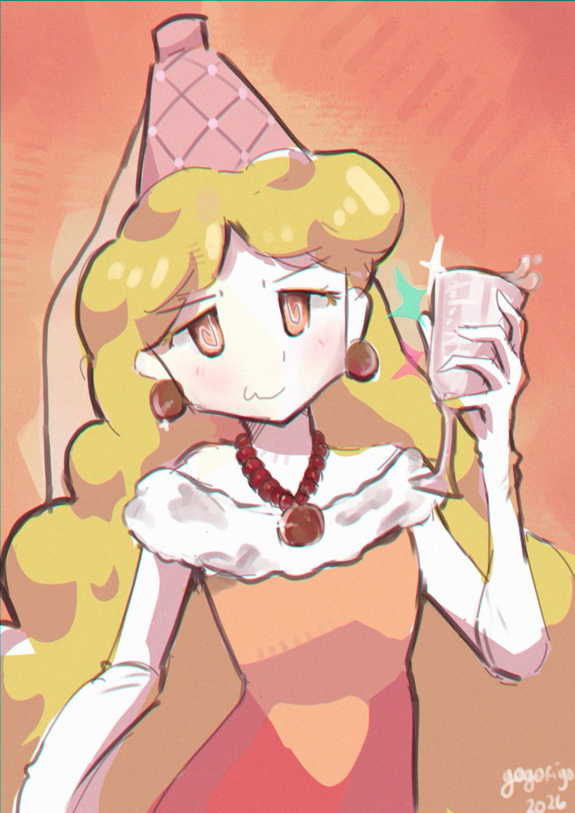 A blonde girl in a pink cone-shaped princess hat, fur collar and red bead necklace raises a glass with a smug smile, on a warm orange background.