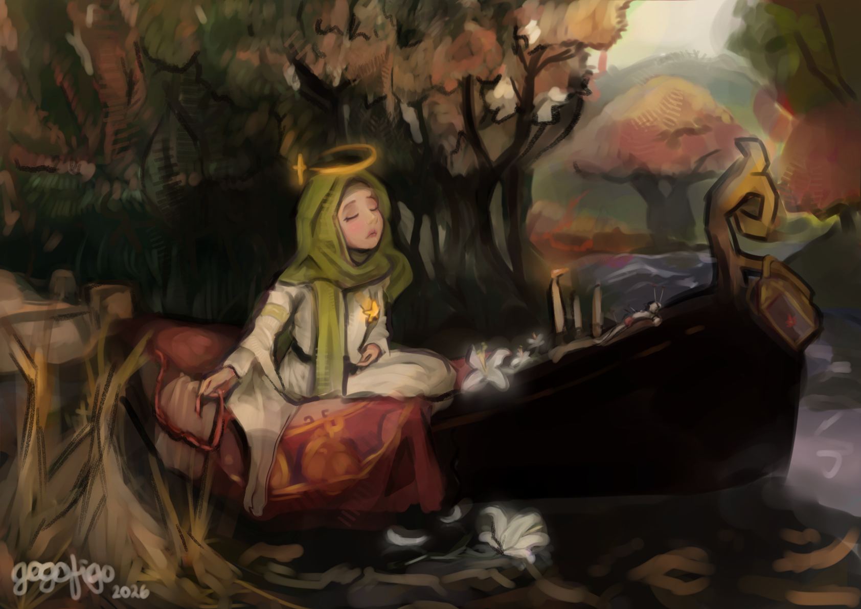 A girl in a green hood and white robe with a halo sits with closed eyes on a red cloth beside a dark wooden boat, in a painterly autumn forest by a river, white lilies around her.