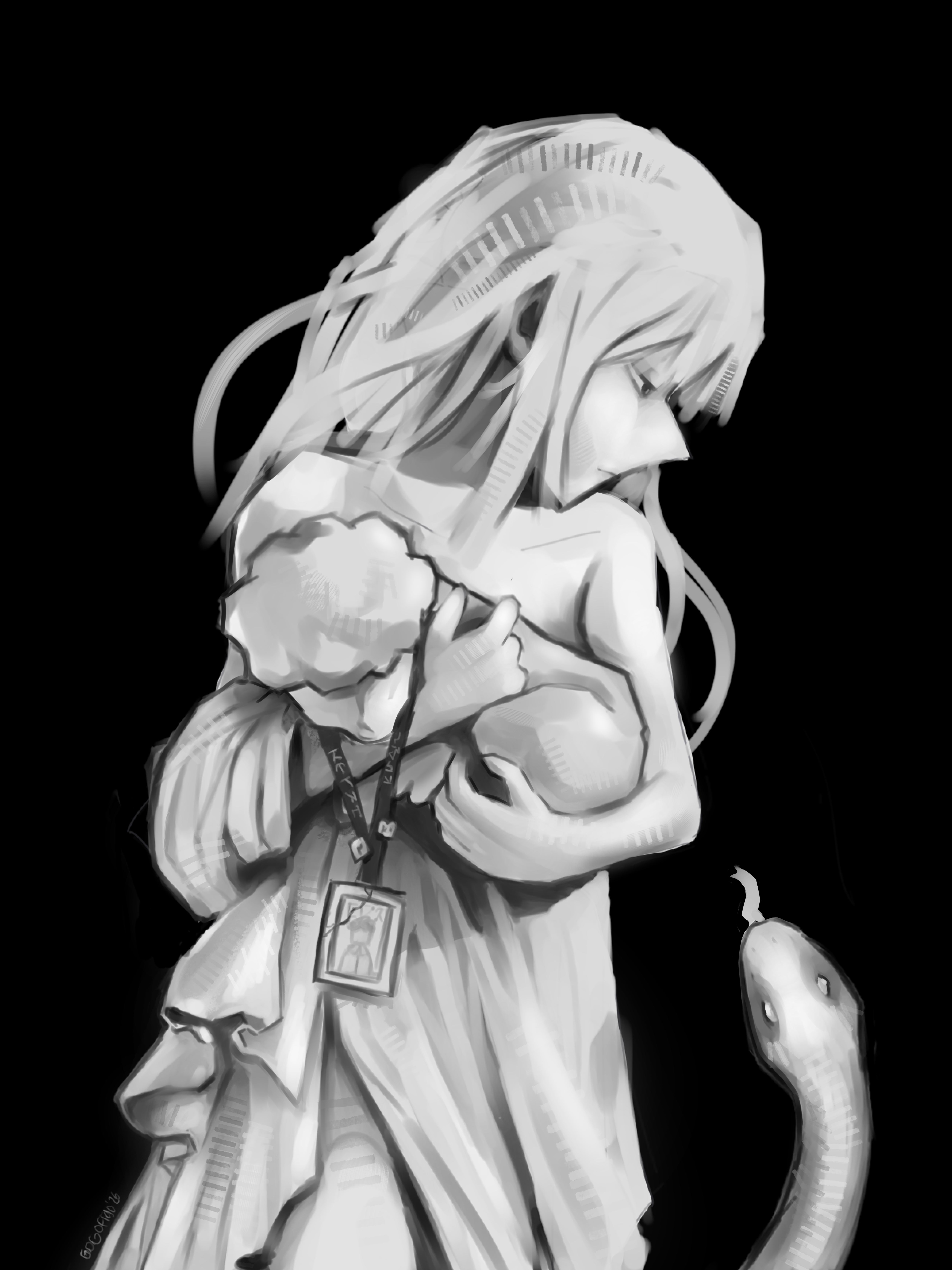 Black and white painting of a long-haired girl in a loose dress holding a bundle to her chest, an ID card on a lanyard around her neck, while a white snake rises beside her.