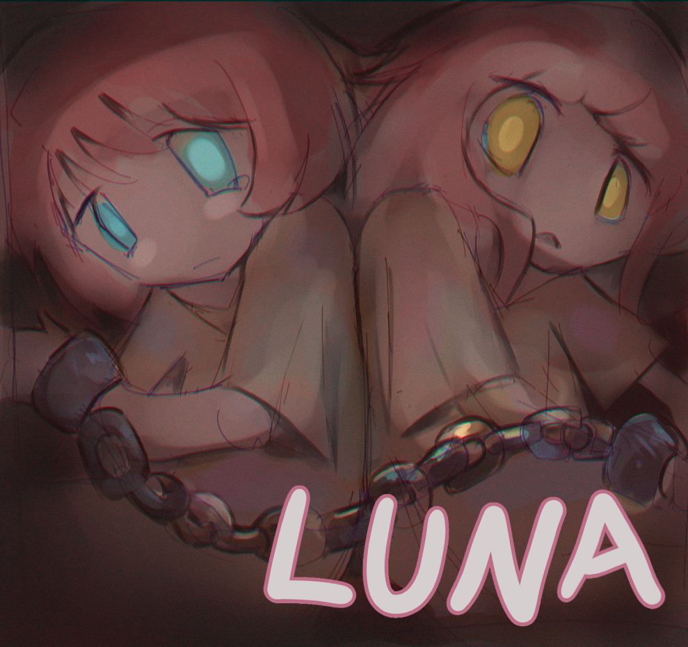 Game poster: two red-haired girls, one with glowing blue eyes and one with yellow eyes, huddle back to back, chained together, with the word LUNA in large letters.