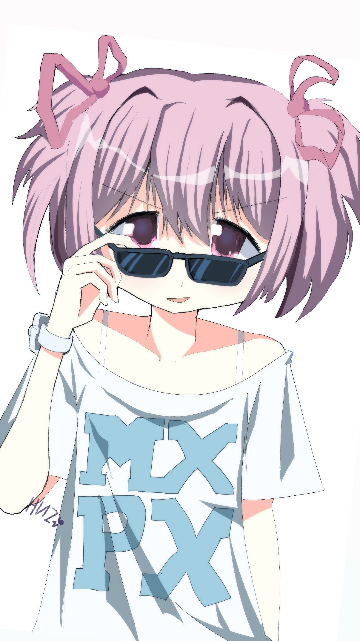 A pink-haired girl with twin ribbons lowers her sunglasses and grins, wearing a loose white MXPX T-shirt and a white watch.