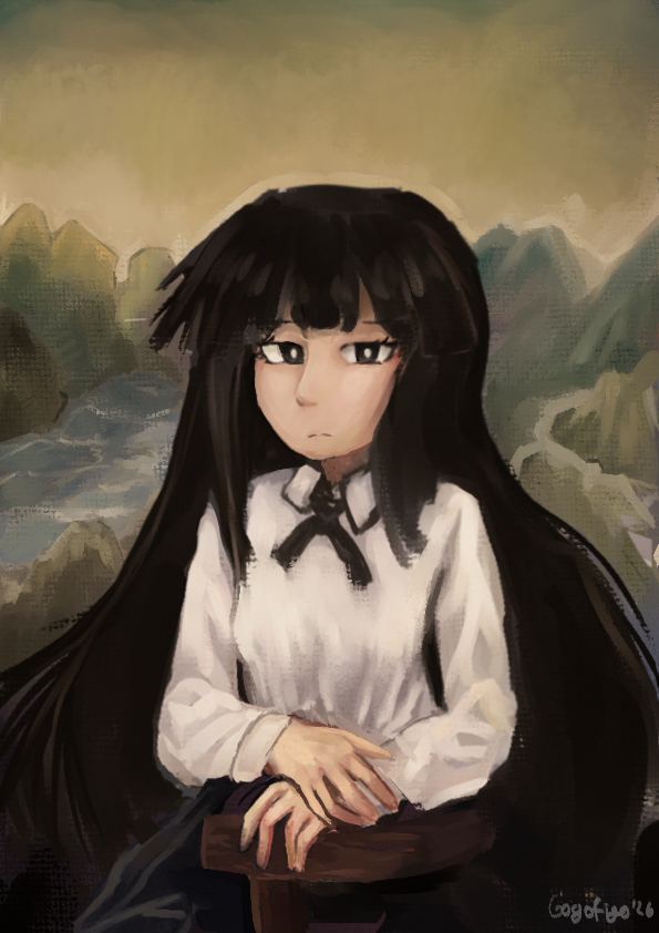 A girl with very long black hair and a white blouse sits with folded hands in a Mona Lisa pose, in front of a hazy painted landscape of rocks and water.