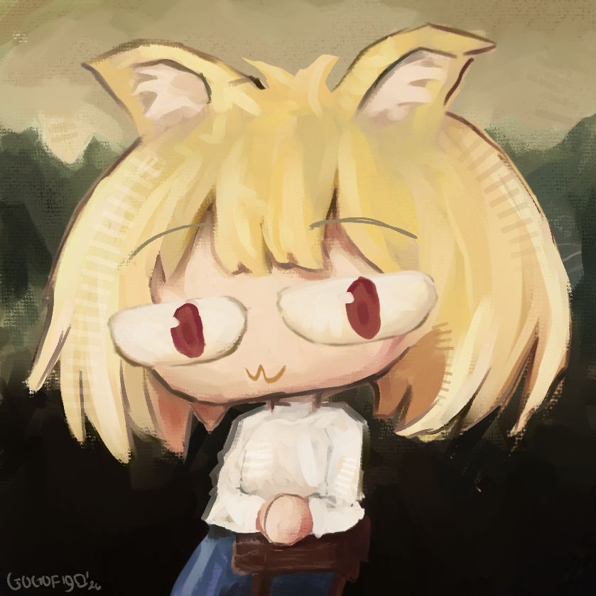 A chibi blonde character with cat ears and big red eyes poses with folded hands in a Mona Lisa composition, against a dark painted landscape.