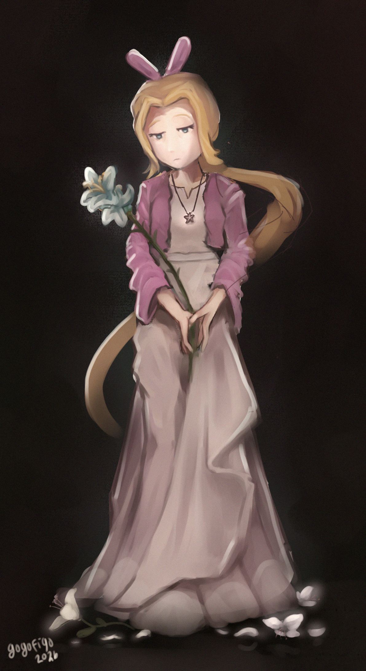 A blonde girl with a long braid and a pink bow, in a pale dress and pink cardigan, stands against a dark background holding a white lily, looking tired.
