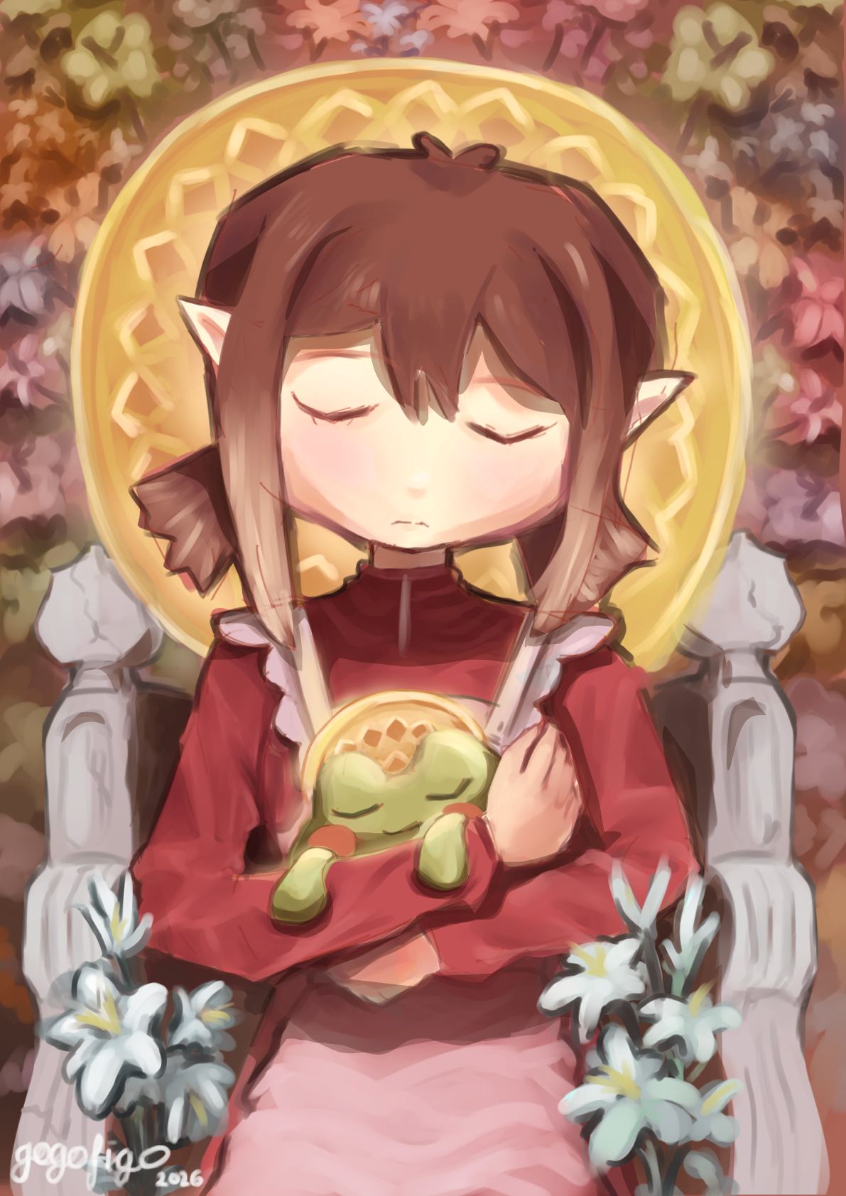 A girl with brown hair and pointed ears sits asleep in a white stone chair, hugging a sleeping green frog plush, a gold halo behind her and white lilies at her feet, against a wall of autumn leaves.